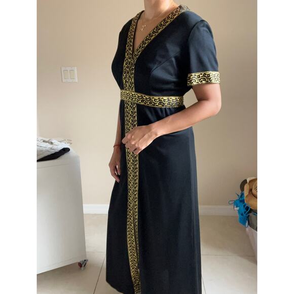 Vintage Mary-Martin Florida Black Gold Trim Short Sleeve Maxi Dress Size Small - Picture 10 of 11
